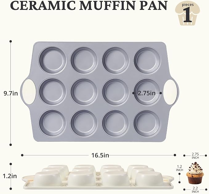 BRONYPRO 12-Cup Ceramic Nonstick Muffin Pan & Cupcake Tin, Cream White | Healthy - Image 7