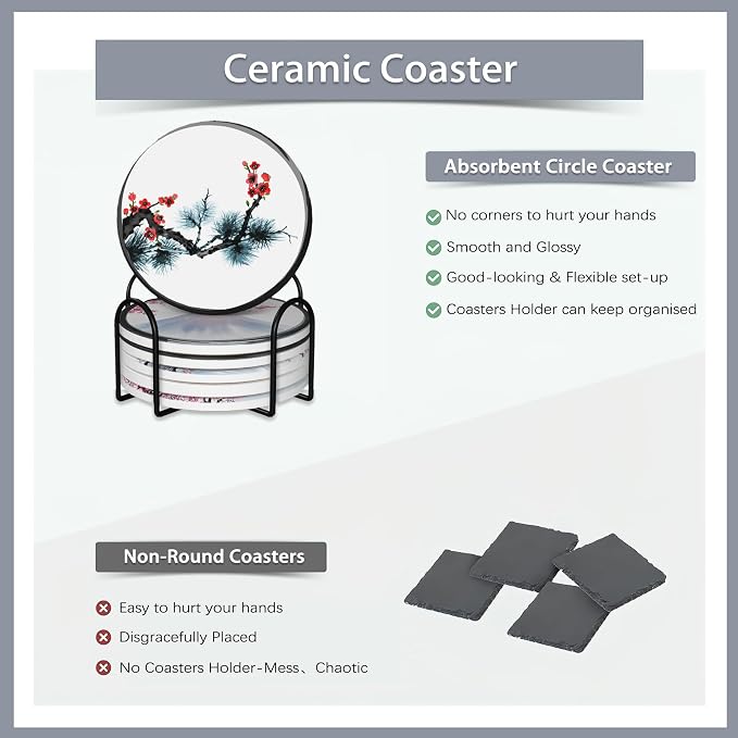 Drink Coasters Set of 6 with Holder, Japanese Cherry Blossom and Fujiyama - Image 4