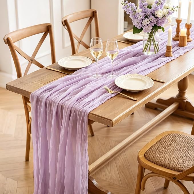 3Pcs Lilac Table Runner, 10FT Rustic Gauze Lavender Table Runner 35*120inch - Image 4