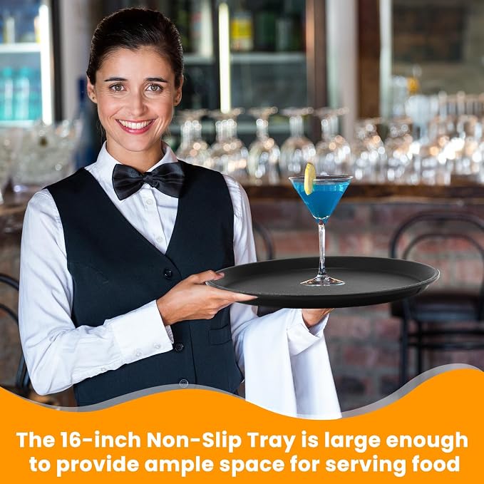 12 Pcs Black Restaurant Serving Trays Bulk Plastic Non Slip Surface Round Drink - Image 3