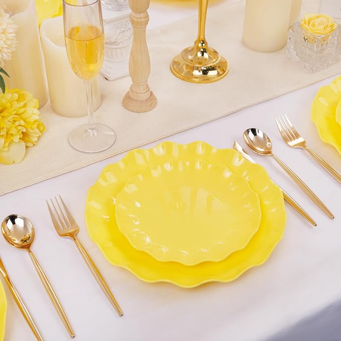 LIYH 24Pcs Yellow Plastic Plates Reusable, Dinner And Salad Set - Image 5