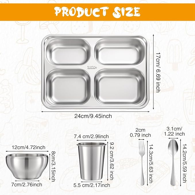 Jinei 20 Pcs Stainless Steel Dishes Set 4 Stainless Steel Plates, 4 Bowls - Image 2
