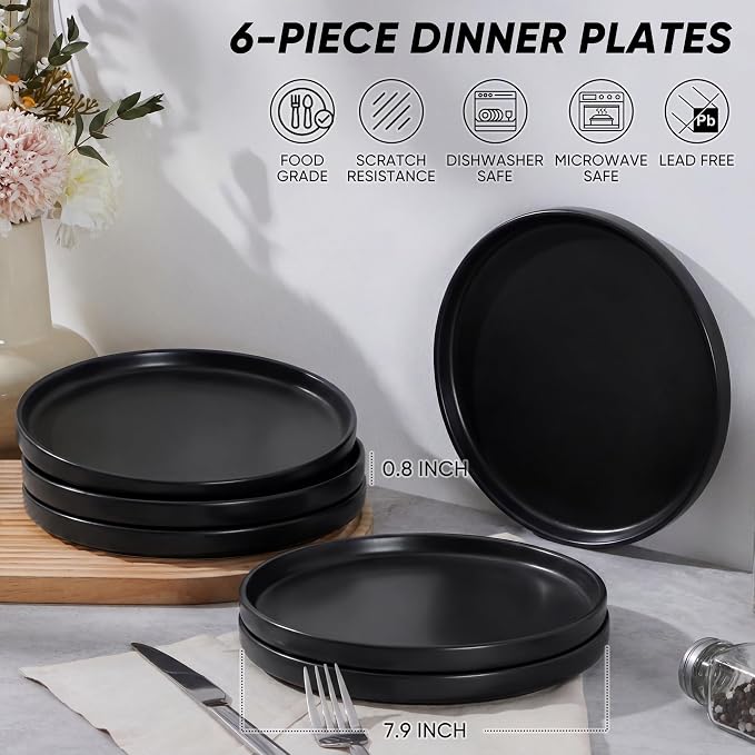E-far 7.9 Inch Ceramic Dinner Plates, 6-Piece Stoneware Salad Plates, Chip & - Image 2