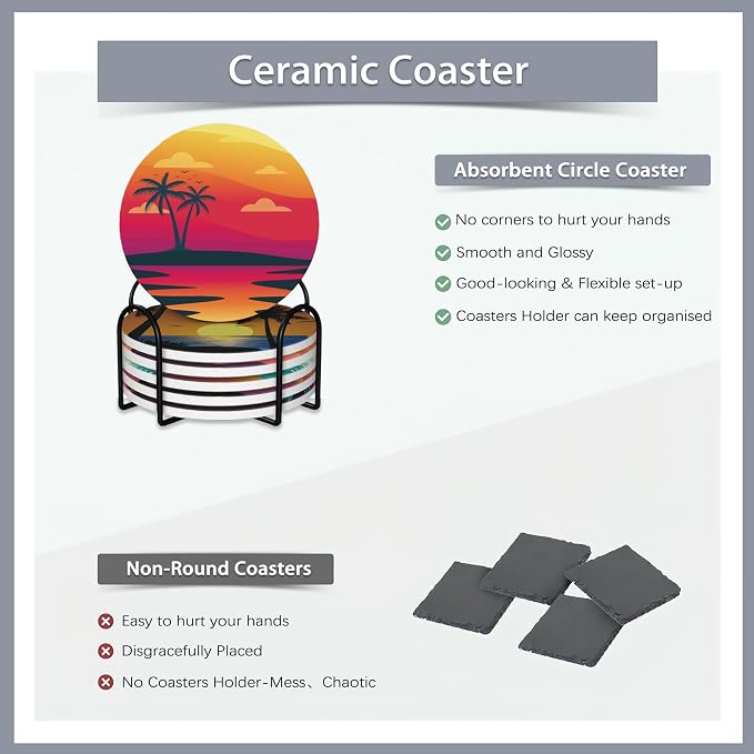 Drink Coasters Set of 6 with Holder, Beach Palm Trees Sunset Landscape - Image 4