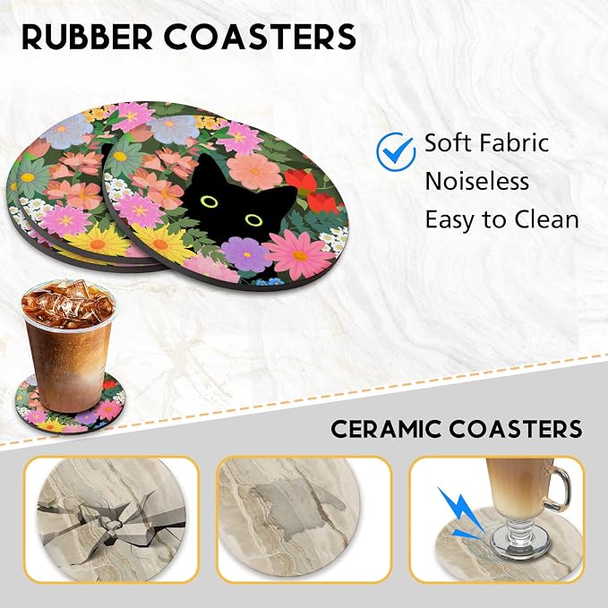 Swooflia Coasters for Drinks Coffee Table, Flower Black Cat Cute Colorful - Image 5
