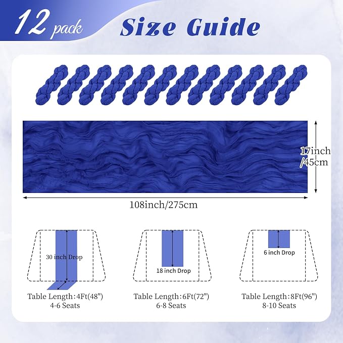 12 Pack Royal Blue Cheesecloth Table Runner 17x108 Inch Semi Sheer Boho Gauze - Image 2