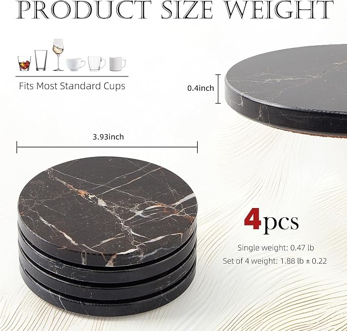 Natural Marble Coaster Set of 4.Round Drinks Coasters, Non-Ceramic/Non-Resin | - Image 3