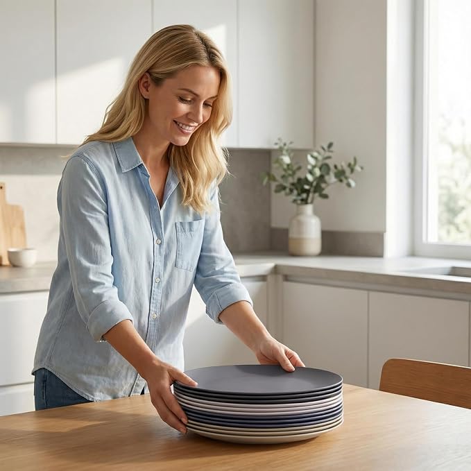AOYITE 10 inch Plastic Plates Reusable Set 12, BPA Free Kid Plate Grey Tone | - Image 6