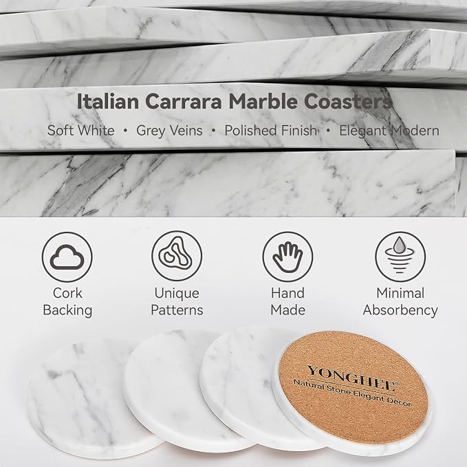 Soft White Marble Coasters Set of 4, Modern Elegant Drink Coasters - Image 3