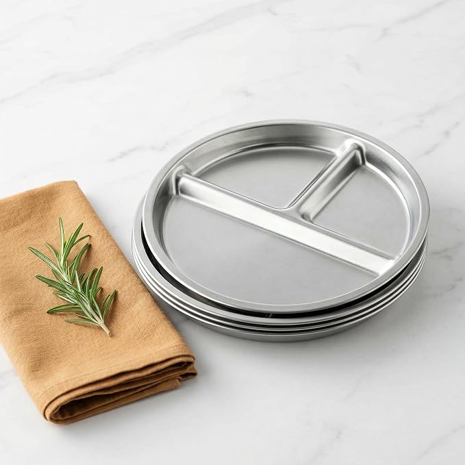 BEWBBAT 4 Pack 304 Stainless Steel Divided Plate, 8 Inch 3 Section Round - Image 9