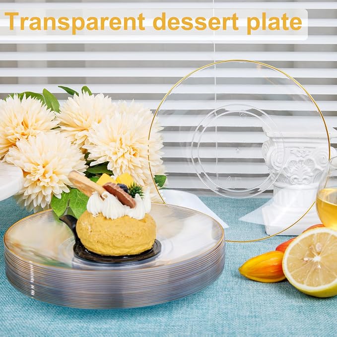 Nervure 100PCS Clear and Gold Rim Plastic Plates - Image 2