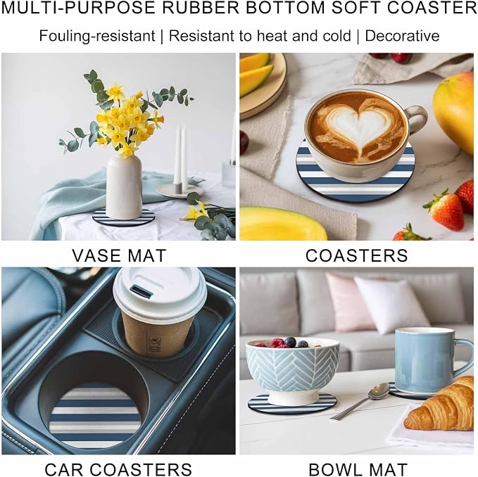 Navy Blue Grey Stripe Coasters Set of 2, Minimalist Farmhouse Striped Soft - Image 6