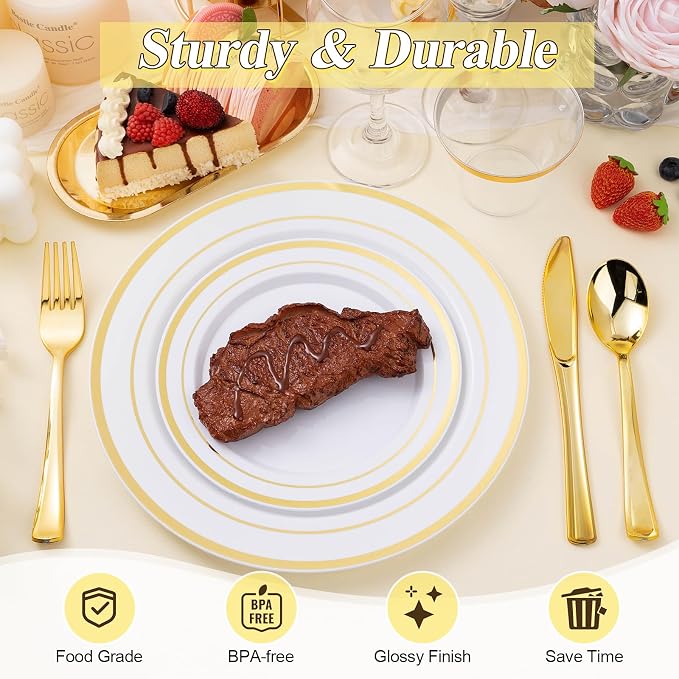 BESTSTAR 200PCS Gold Plastic Plates White and Gold Disposable Plates | 100 - Image 4