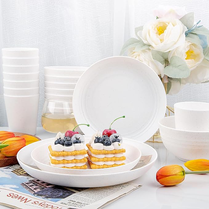 32pcs White Wheat Straw Dinnerware Set, Plates and Bowls Sets - Image 8