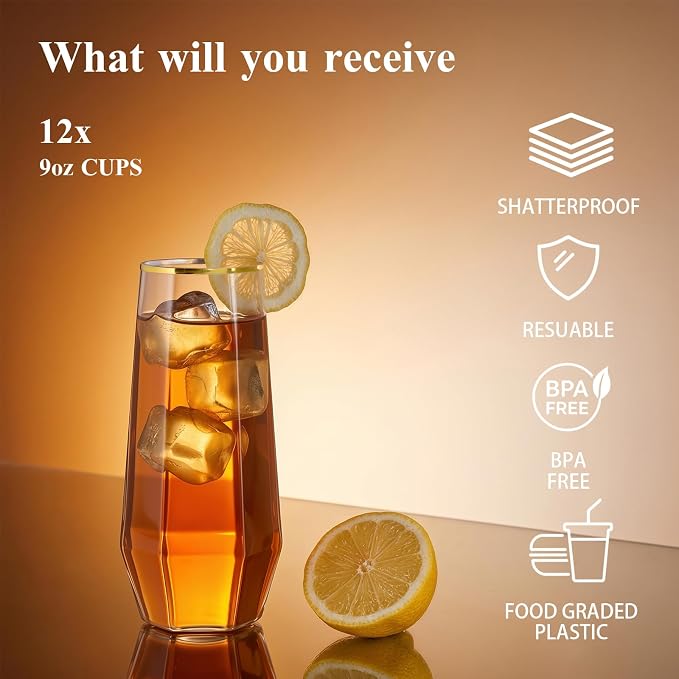 BESTSTAR 24 Pack Gold Rim Plastic Wine Glasses Set, BPA-Free Shatterproof | 12 - Image 5