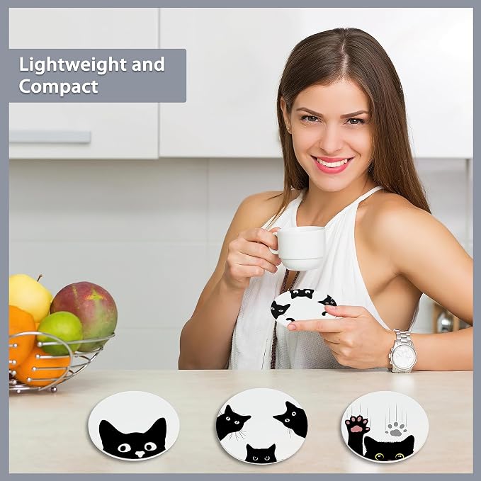 Drink Coasters Set of 6 with Holder, Cute Black Cat Absorbent Ceramic Coasters - Image 6
