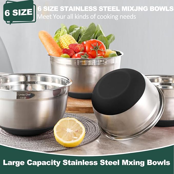Umite Chef Mixing Bowls with Airtight Lids，6 piece Stainless Steel Metal - Image 5