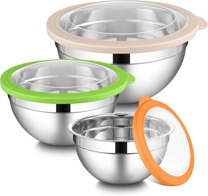 LIANYU Mixing Bowls with Lid Set of 3, Stainless Steel Metal Mixing Bowls | by LIANYU