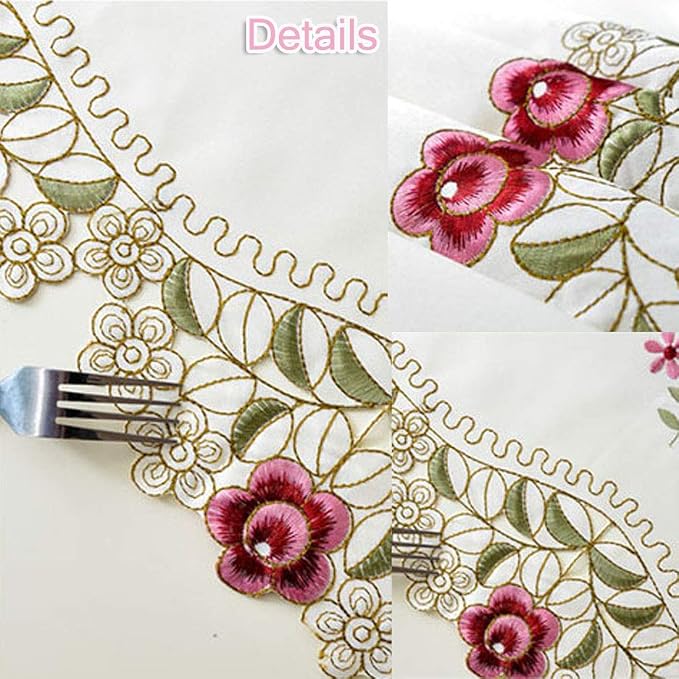 LeLehome 15 Inch X 69 Inch Classic Table Runner, Lace Flowers Embroidered Beige - Image 2