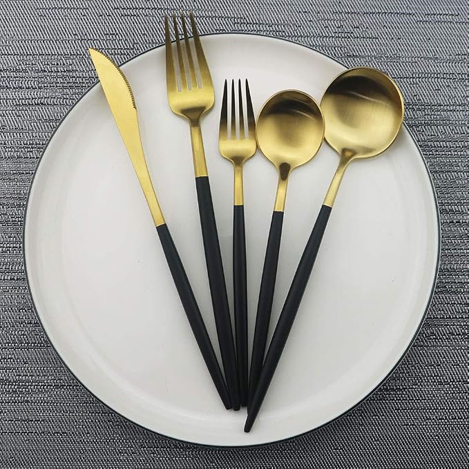 JASHII Luxury Black Gold Flatware, 5-piece Elegant Cute 18/10 Stainless Steel - Image 2