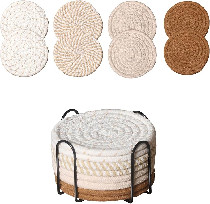 Drink Coasters Set of 8 with Holder, Cotton Woven | Absorbent cotton woven by Unknown