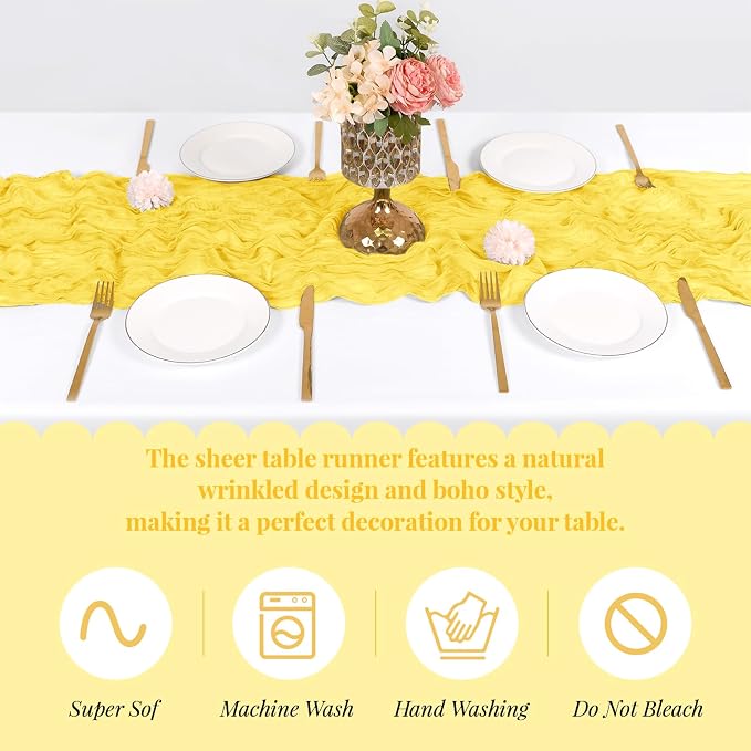3 Pack Lemon Yellow Cheesecloth Table Runner, 17 x 108 Inch, Gauze Cheese Cloth - Image 5