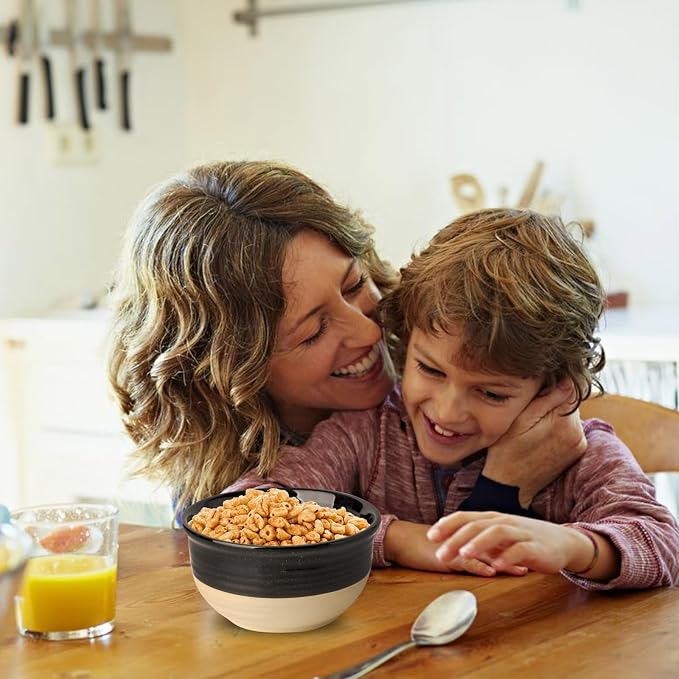 HASENSE Ceramic Cereal & Soup Bowls Set of 6, 20 Oz Black & Beige Stackable - Image 2