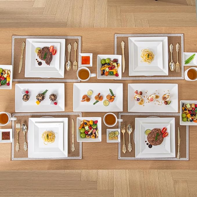 Off-White Porcelain Dinnerware Set, Square Dishes Set - Image 6