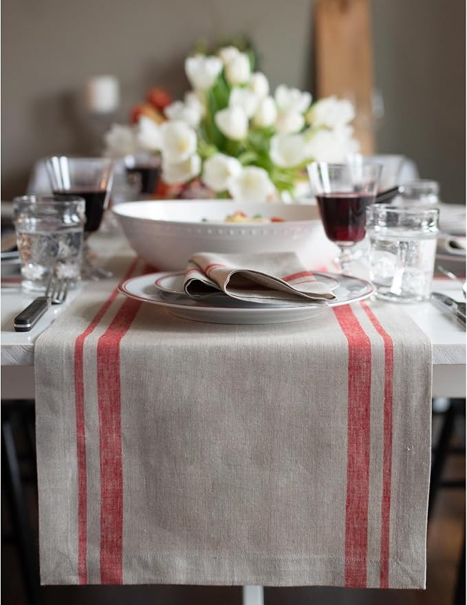Solino Home 100% Pure Linen Table Runner, 14 x 108 in, French Stripe | Table by SolinoHome