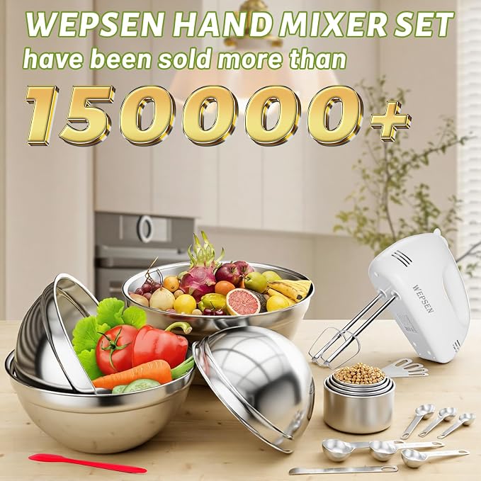 WEPSEN 5-Speed Electric Hand Mixer, 4 Large Mixing Bowls Set, Handheld Mixers - Image 2