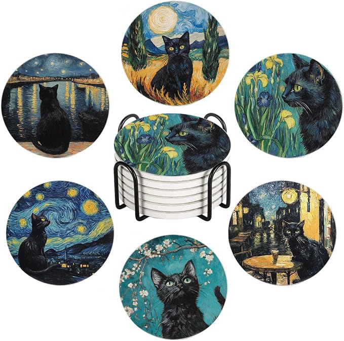 Drink Coasters for Drinks Set of 6, Art and Black Cat Absorbent Round Ceramic by Ansouyi