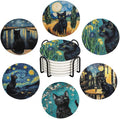 Drink Coasters for Drinks Set of 6, Art and Black Cat Absorbent Round Ceramic by Ansouyi