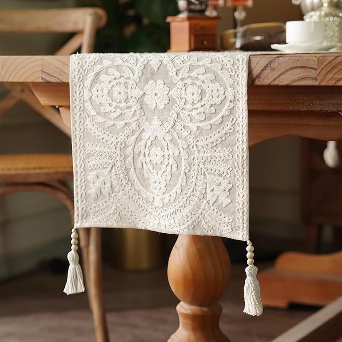 Table Runner Embroidered Farmhouse Dresser Scarf, 4 Tassel Pendants, by ARTBLOSS
