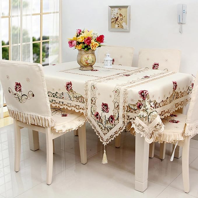 LeLehome 15" X 77" Rufous Flowers Embroidery Beige Table Runner, Floral Rose - Image 5