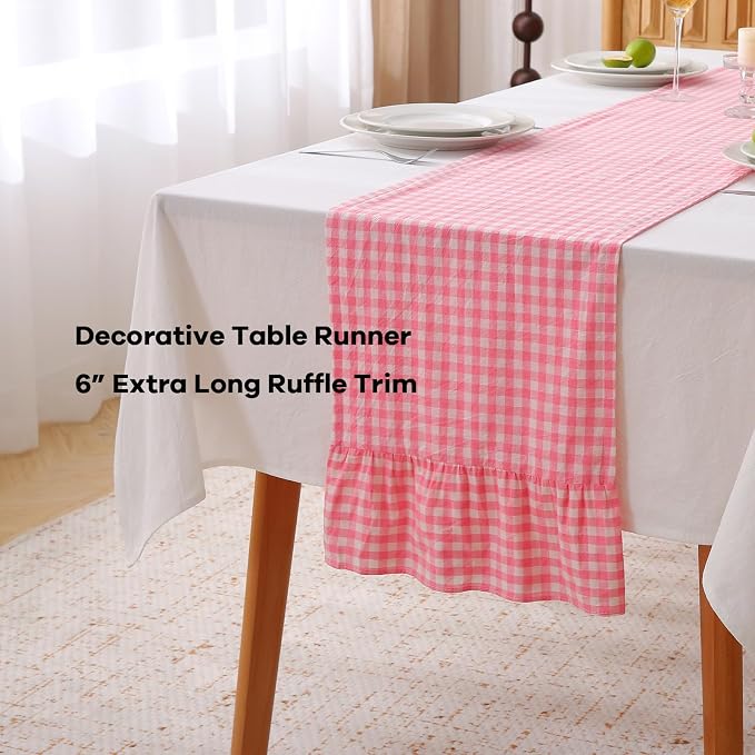 Coral Pink White Plaid Gingham Ruffle Table Runner 72 inches Long 100% Washed - Image 3