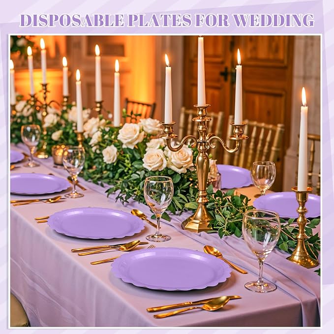 NatNarr 30 Pk Purple Paper Plates 9" Scalloped Lavender Party Plates | Light - Image 6