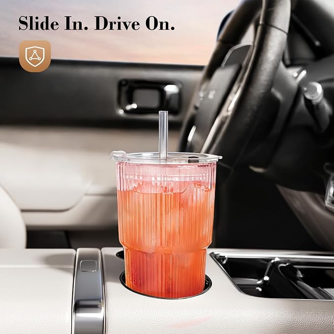20oz Iced Coffee Cups with Lids, Ribbed Glass Cups with Lids and Straws | Thick - Image 4
