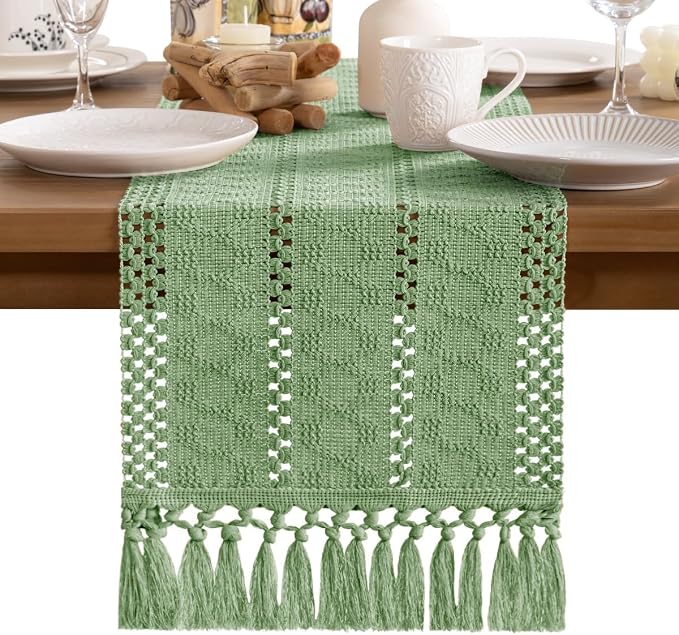 MLMW Boho Sage Green Table Runner Farmhouse Burlap Small Table Runner Dresser - Image 5