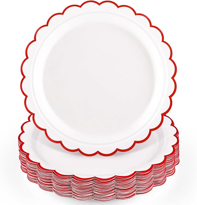 NatNarr 30 Pcs Red Paper Plates 9" Scalloped Red White Party Plates | Cute by NatNarr