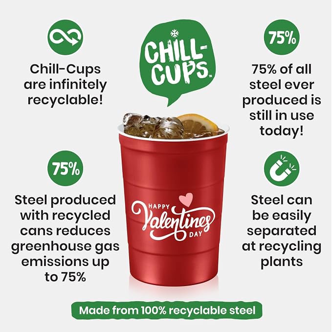 Steel Chill Cups 16 oz. Reusable Party Cups, Valentine's Day, 100% recyclable - Image 6