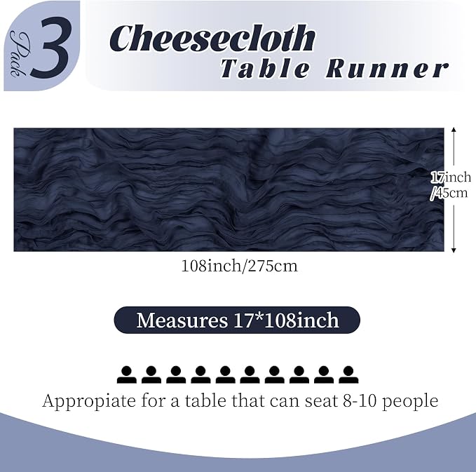 3 Pack Navy Blue Cheesecloth Table Runner, 17 x 108 Inch, Gauze Cheese Cloth - Image 2