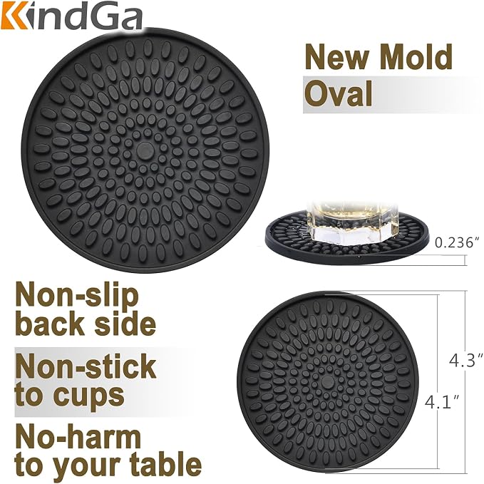 Silicone Coasters for Drinks Absorbent Rubber Coaster Set of 8 Black | Large - Image 2