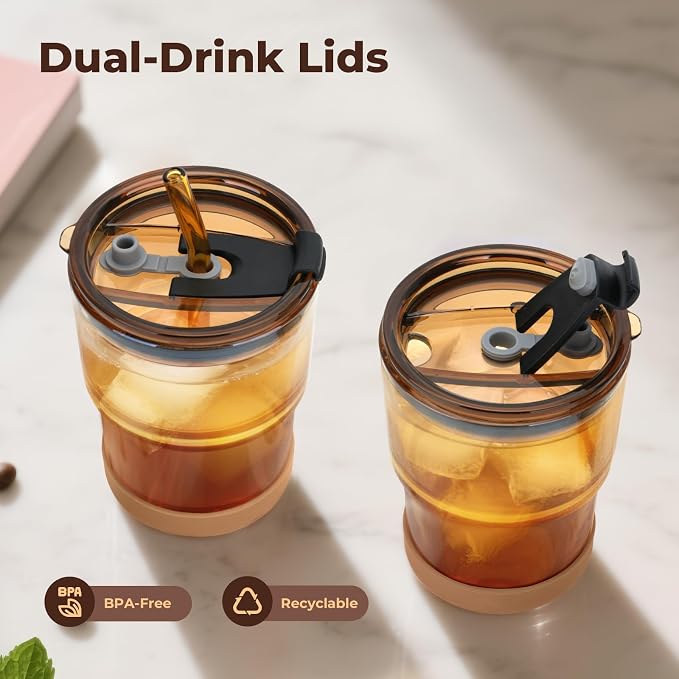 Zukro 13 oz Glass Cups with Lid and Straw 4 Pack, Non-Slip Rubber Bottom | Leak - Image 8