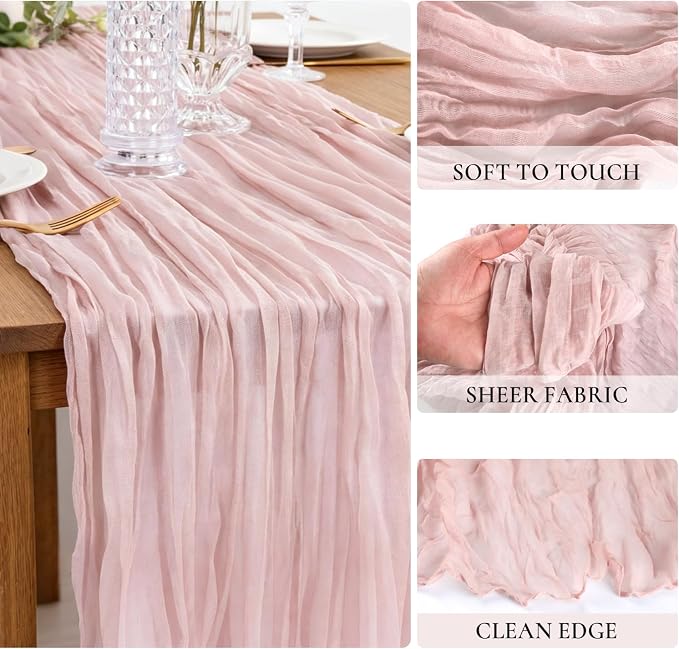 3 Pack Dusty Pink Cheesecloth Table Runner 35x120inch, 10FT Spring Summer Gauze - Image 3