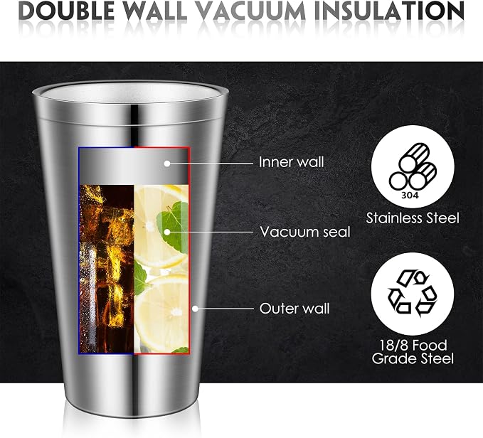 Zopeal 4 Pcs Stainless Steel Cups 16 Oz, Double Wall Vacuum Pint Cup Tumbler - Image 3