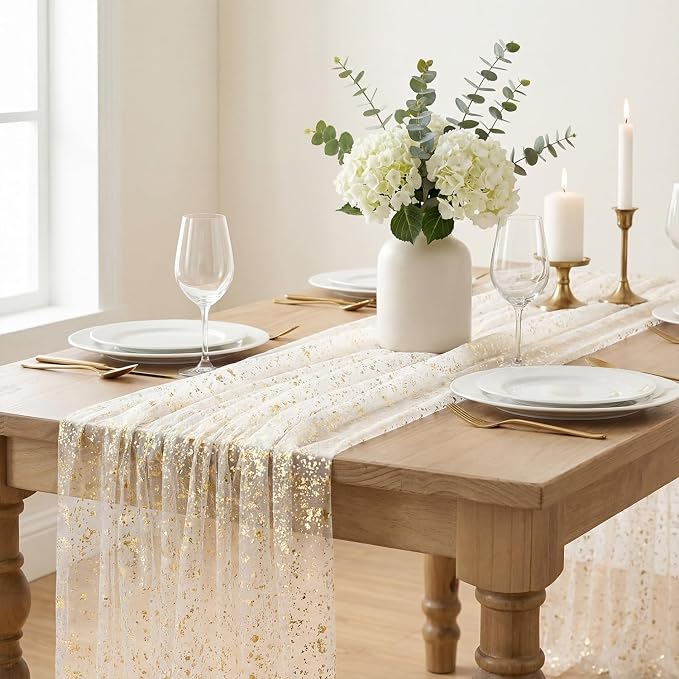 Artoid Mode Beige Gold Gauze Table Runner 59x120 Inch 10FT, Glitter Metallic - Image 2