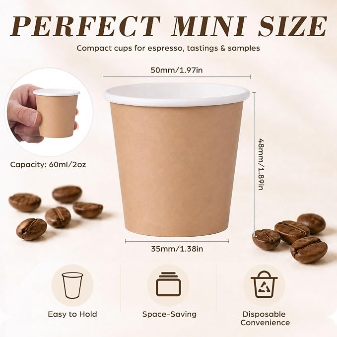 100 Pcs Mini Coffee Cups Brown Culture Cup 2oz Disposable Bathroom Cups Paper - Image 3