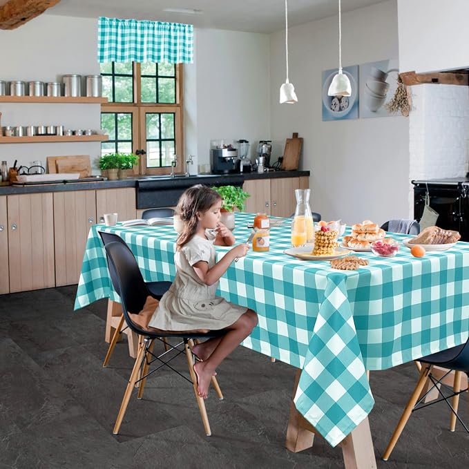 Plaid Tablecloth 2 Pack, 54 x 80 inch, Turquoise and White | Waterproof - Image 2