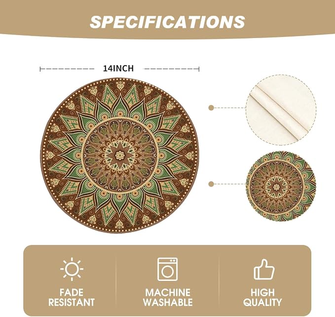 Artoid Mode Brown Yellow Mandala Round Placemats Set of 4, 14 Inch Seasonal - Image 6