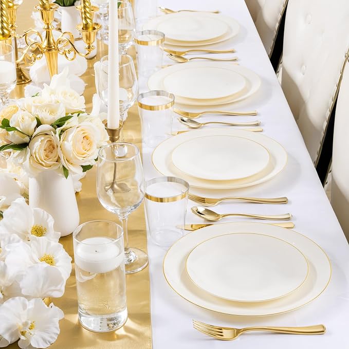 Nervure 100Pcs Ivory and Gold Plastic Plates, 7.5″Disposable Dessert Plates | - Image 7